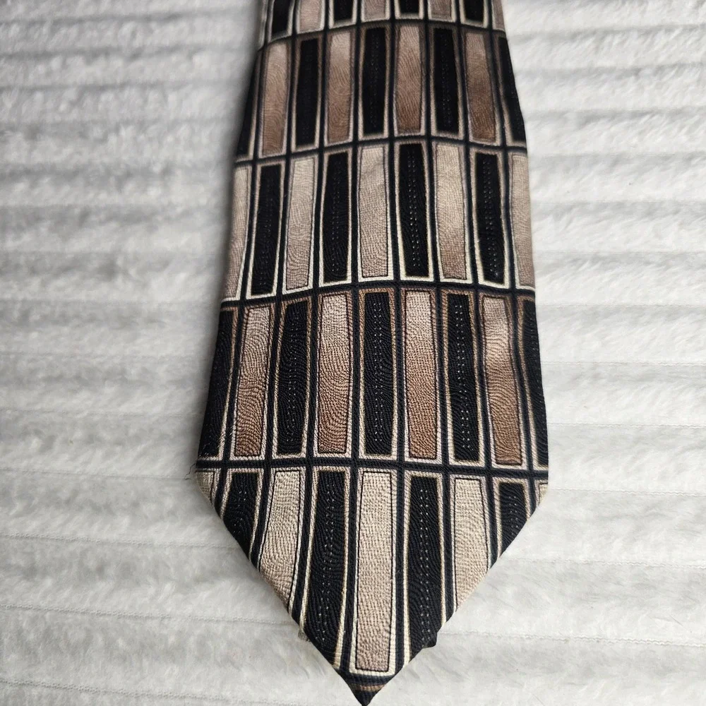 Mens 100% Silk Geometric Necktie 60in Brown Black Tan Modernist Retro